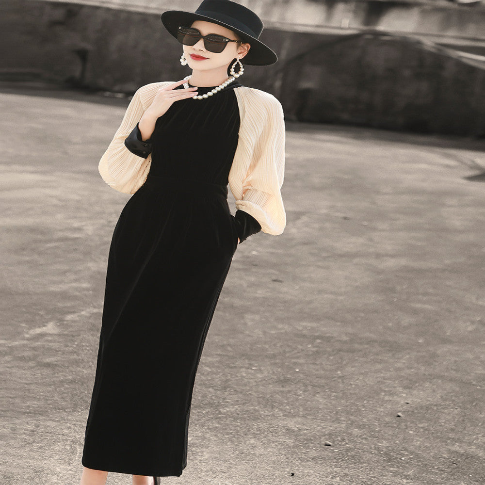 Lanser 2025 autumn new style elegant long sleeved pleated splicing waist slimming black velvet dress image 12