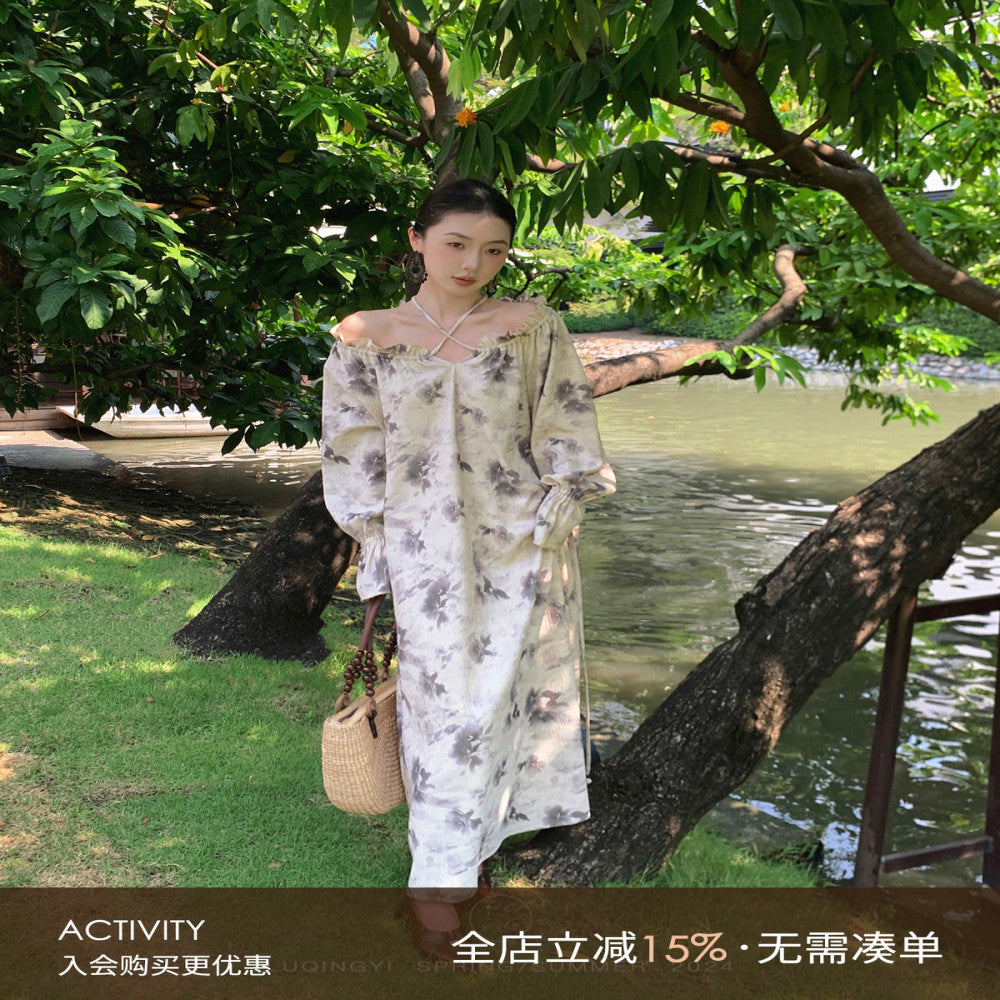 Luqingyi Original Spring Water Tea French Dress Women s Summer Ruffle Round Neck Ink Print Long Dress image 1