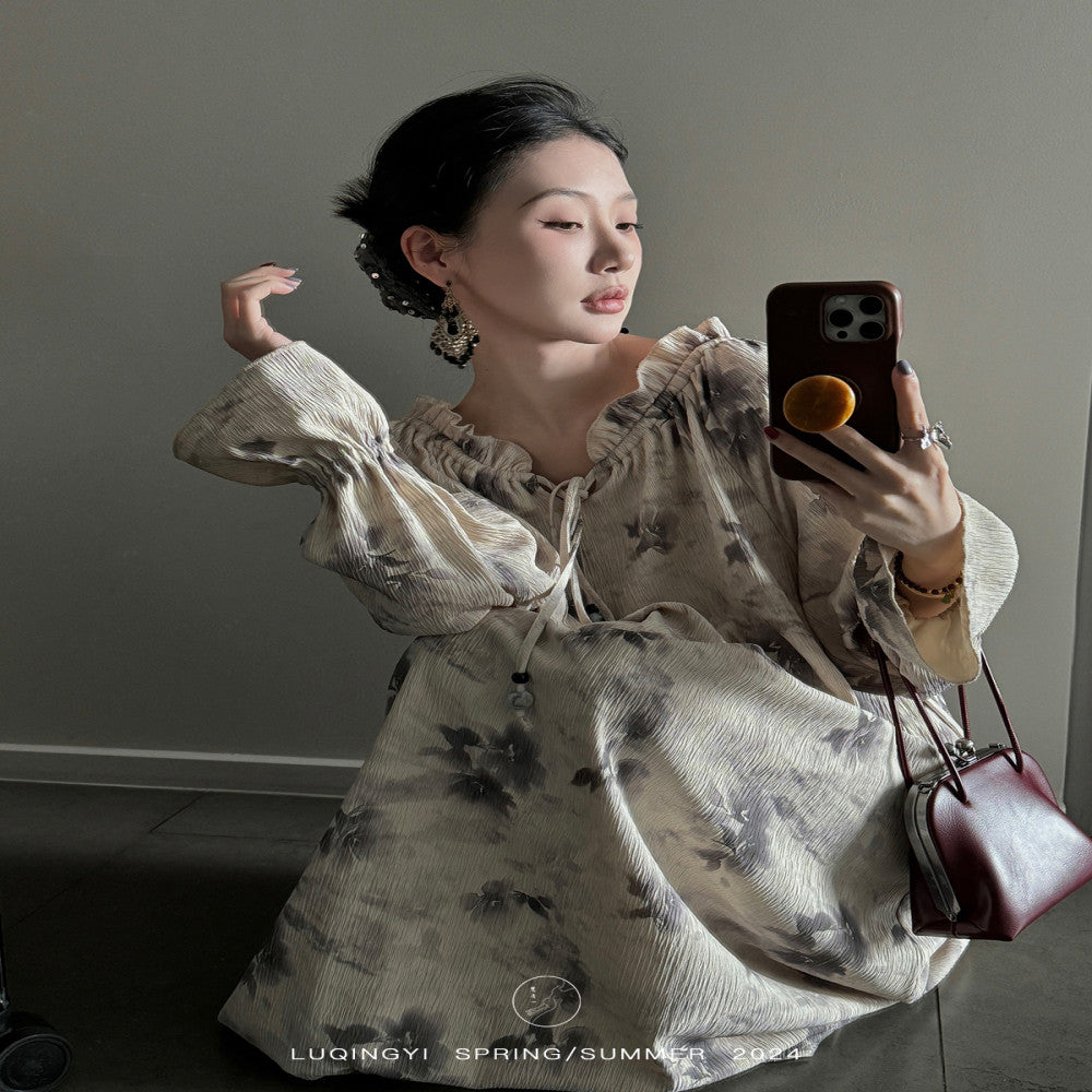 Luqingyi Original Spring Water Tea French Dress Women s Summer Ruffle Round Neck Ink Print Long Dress image 2