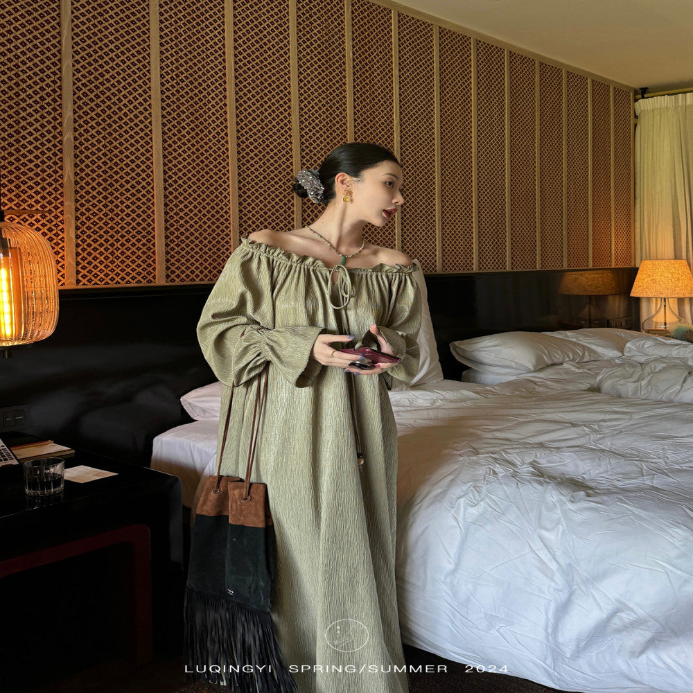 Luqingyi Original Spring Water Tea French Dress Women s Summer Ruffle Round Neck Ink Print Long Dress image 3