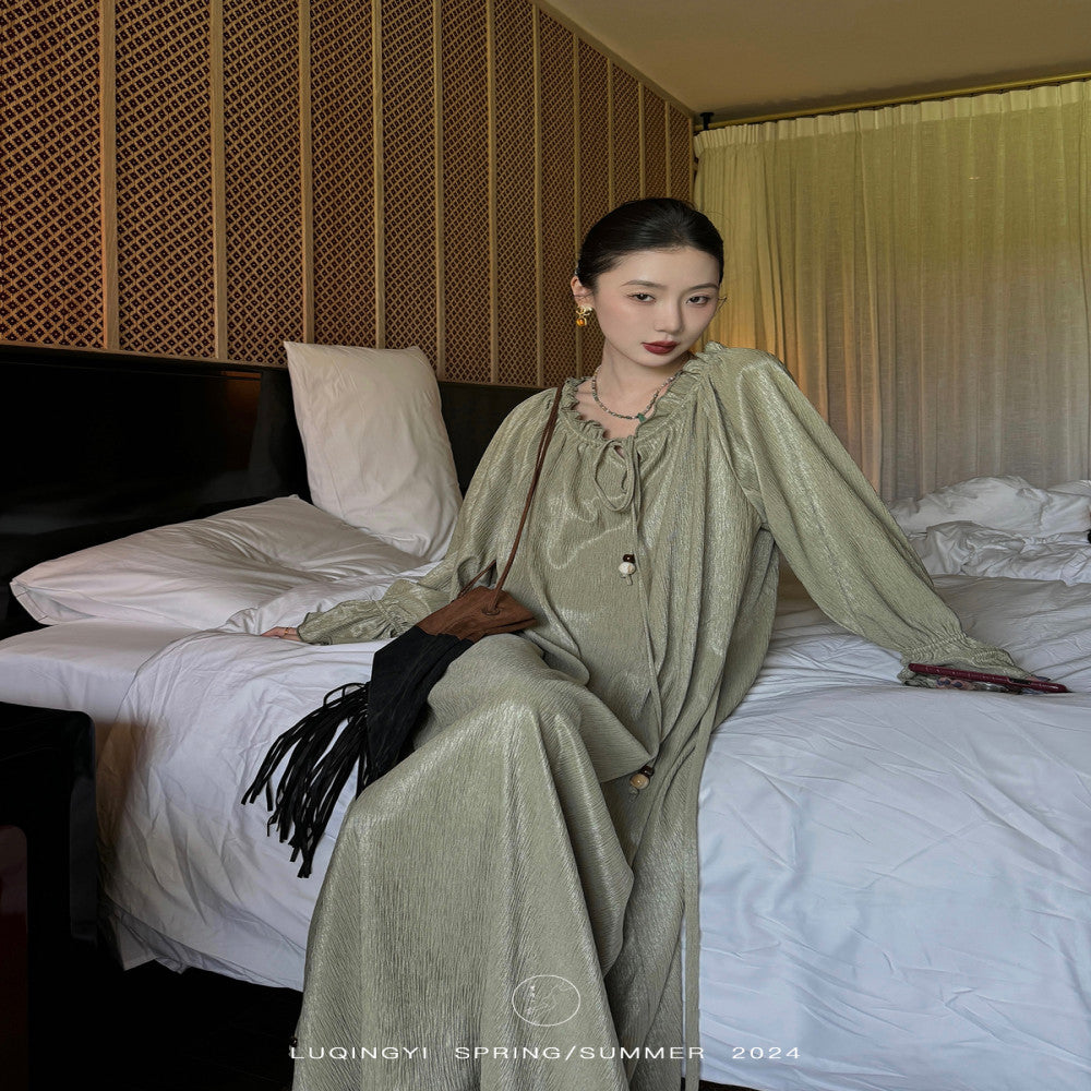 Luqingyi Original Spring Water Tea French Dress Women s Summer Ruffle Round Neck Ink Print Long Dress image 4