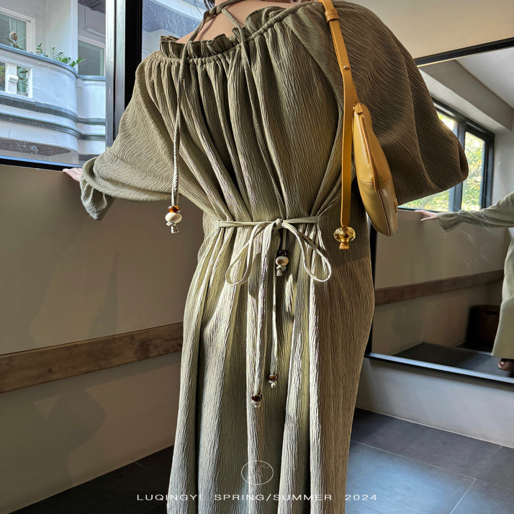 Luqingyi Original Spring Water Tea French Dress Women s Summer Ruffle Round Neck Ink Print Long Dress image 5