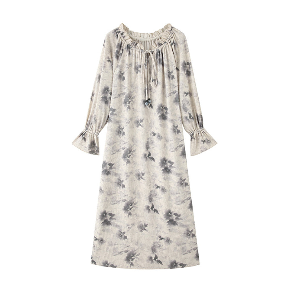 Luqingyi Original Spring Water Tea French Dress Women s Summer Ruffle Round Neck Ink Print Long Dress image 8