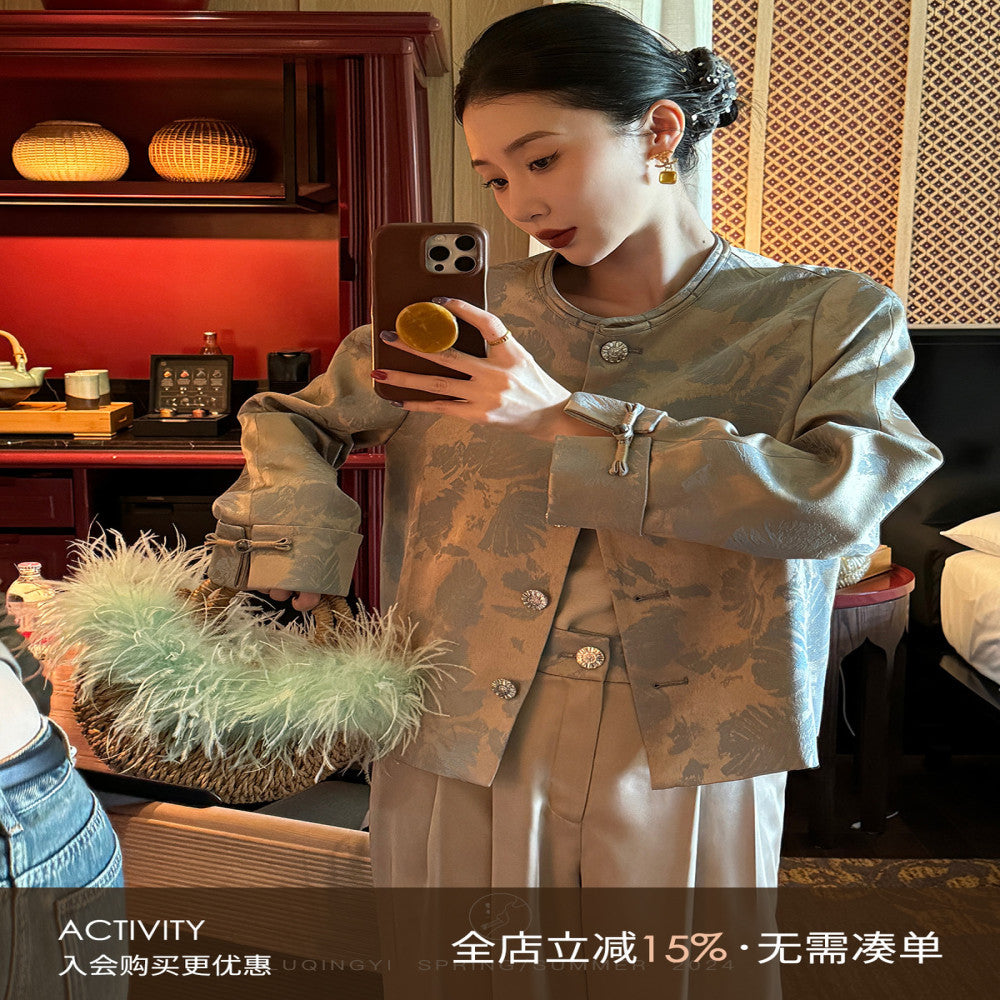 Lu Qingyi Original Fu Lan Gui New Chinese Jacquard Coat for Women Spring and Autumn Casual Wide Leg Pants Chinese Style Set image 1