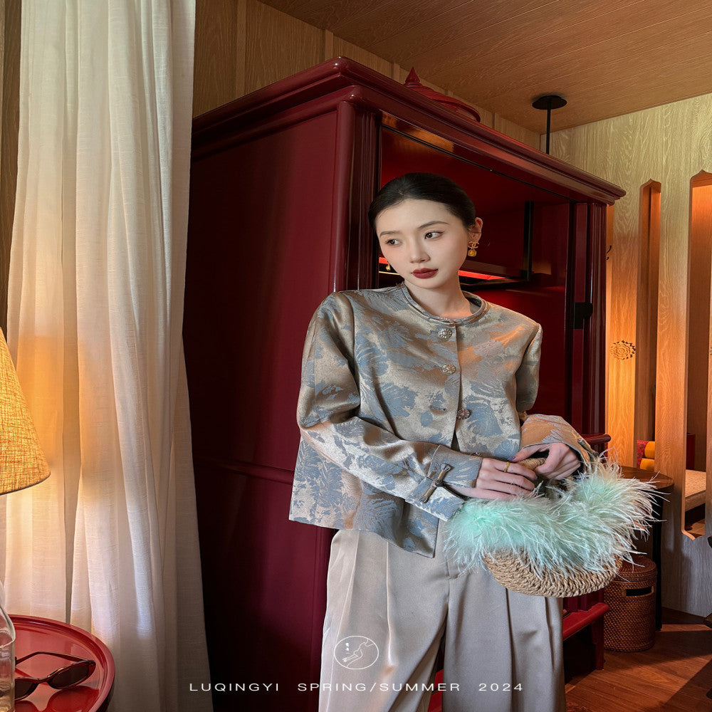 Lu Qingyi Original Fu Lan Gui New Chinese Jacquard Coat for Women Spring and Autumn Casual Wide Leg Pants Chinese Style Set image 3