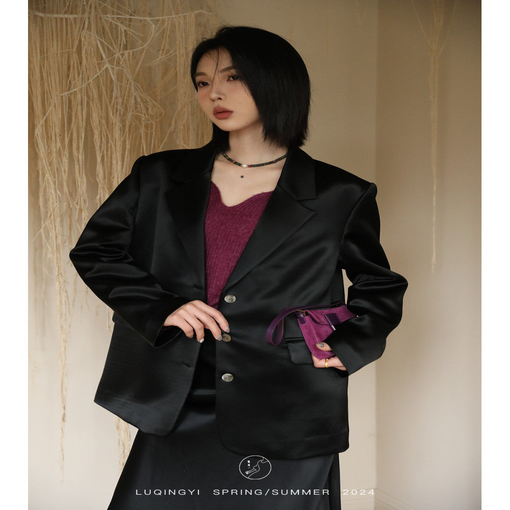 Lu Qingyi Original Qing Weiyang Acetic Acid Suit Coat Women s Spring and Autumn Satin Fish Tail Half Skirt Suit Set image 2