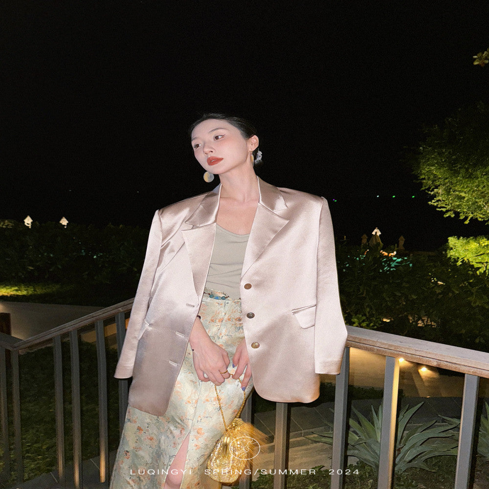 Lu Qingyi Original Qing Weiyang Acetic Acid Suit Coat Women s Spring and Autumn Satin Fish Tail Half Skirt Suit Set image 4