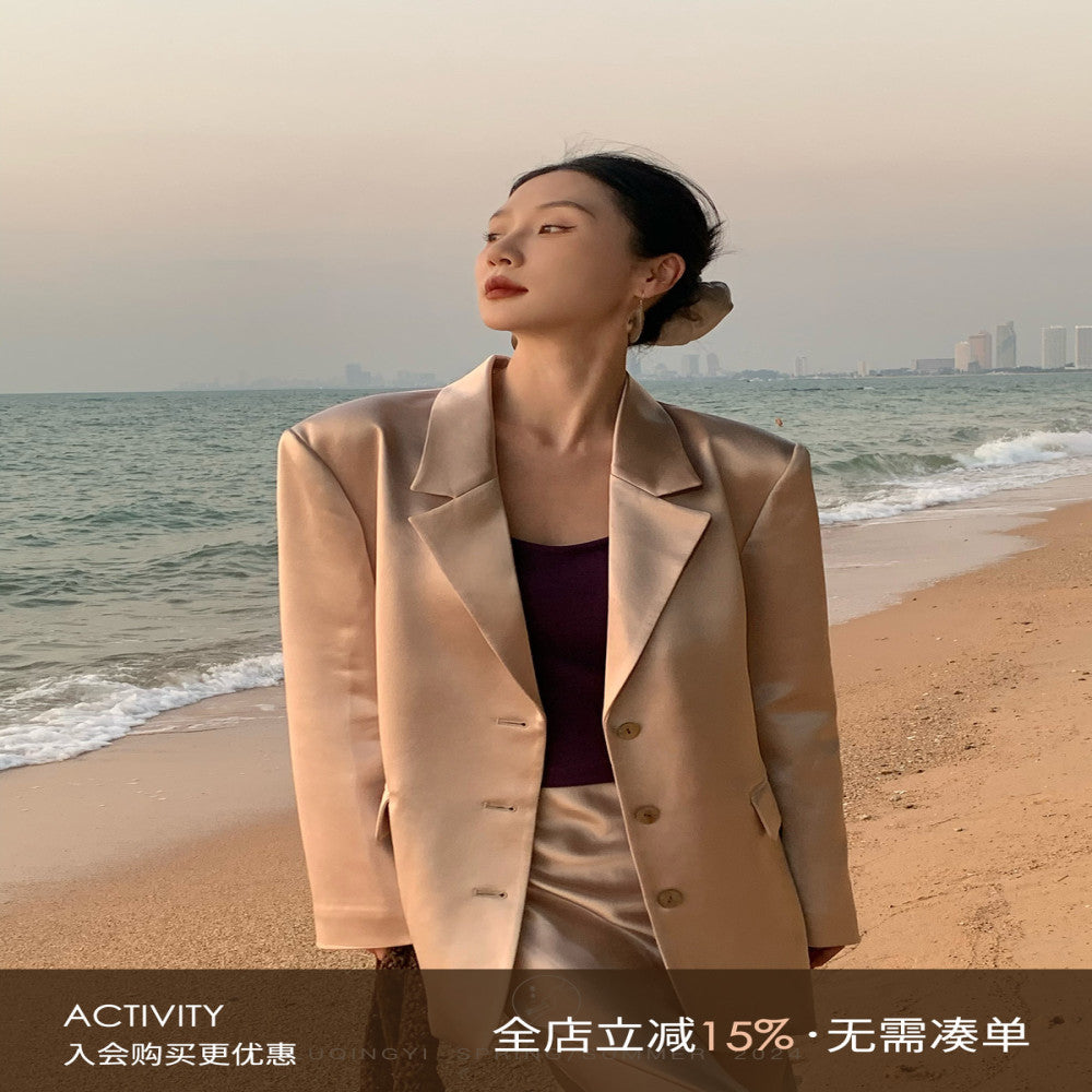 Lu Qingyi Original Qing Weiyang Acetic Acid Suit Coat Women s Spring and Autumn Satin Fish Tail Half Skirt Suit Set image 0