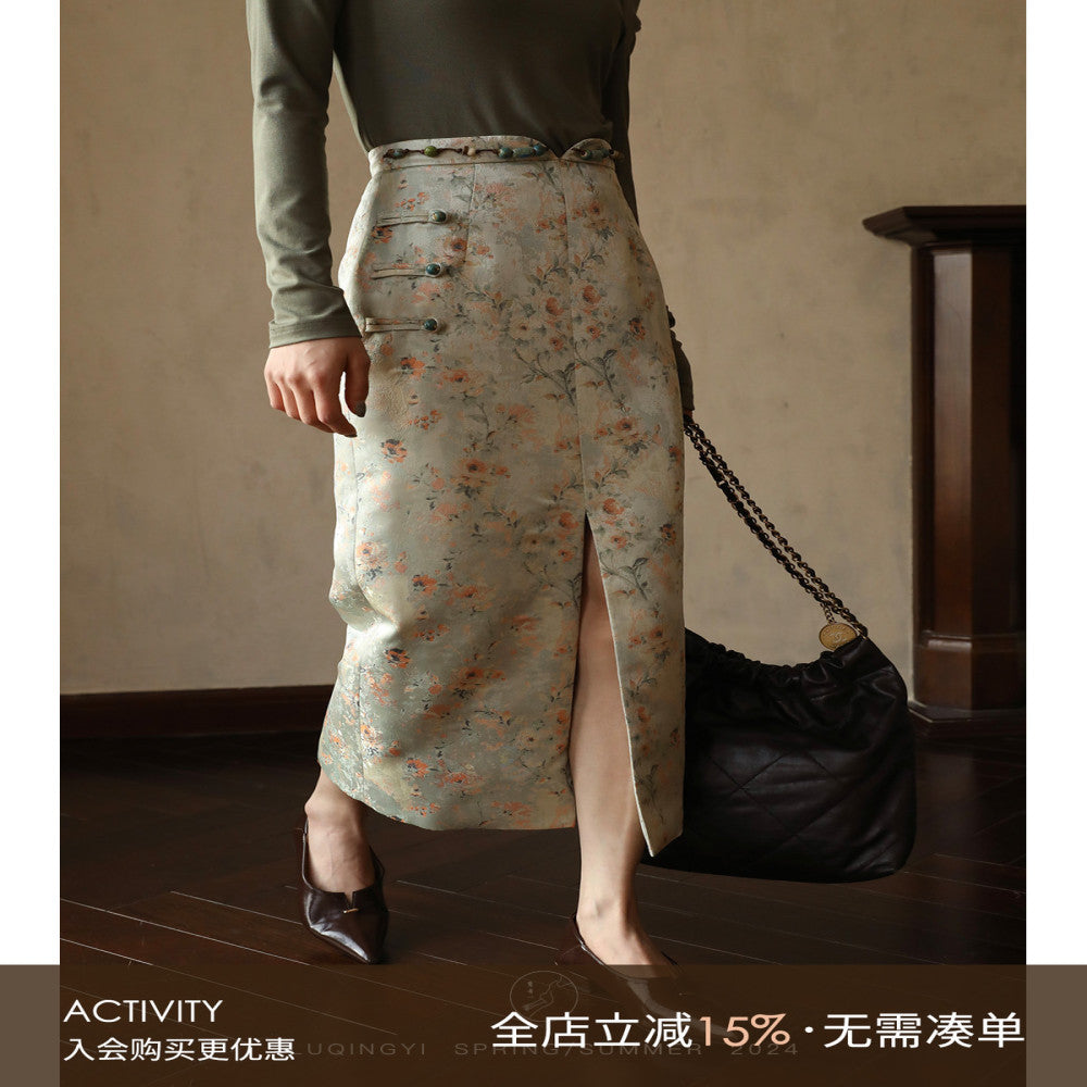 Lu Qingyi Original Flower Full Creek New Chinese Jacquard Half length Skirt for Women in Spring and Autumn Handmade Beaded Split Straight Tube Skirt image 1