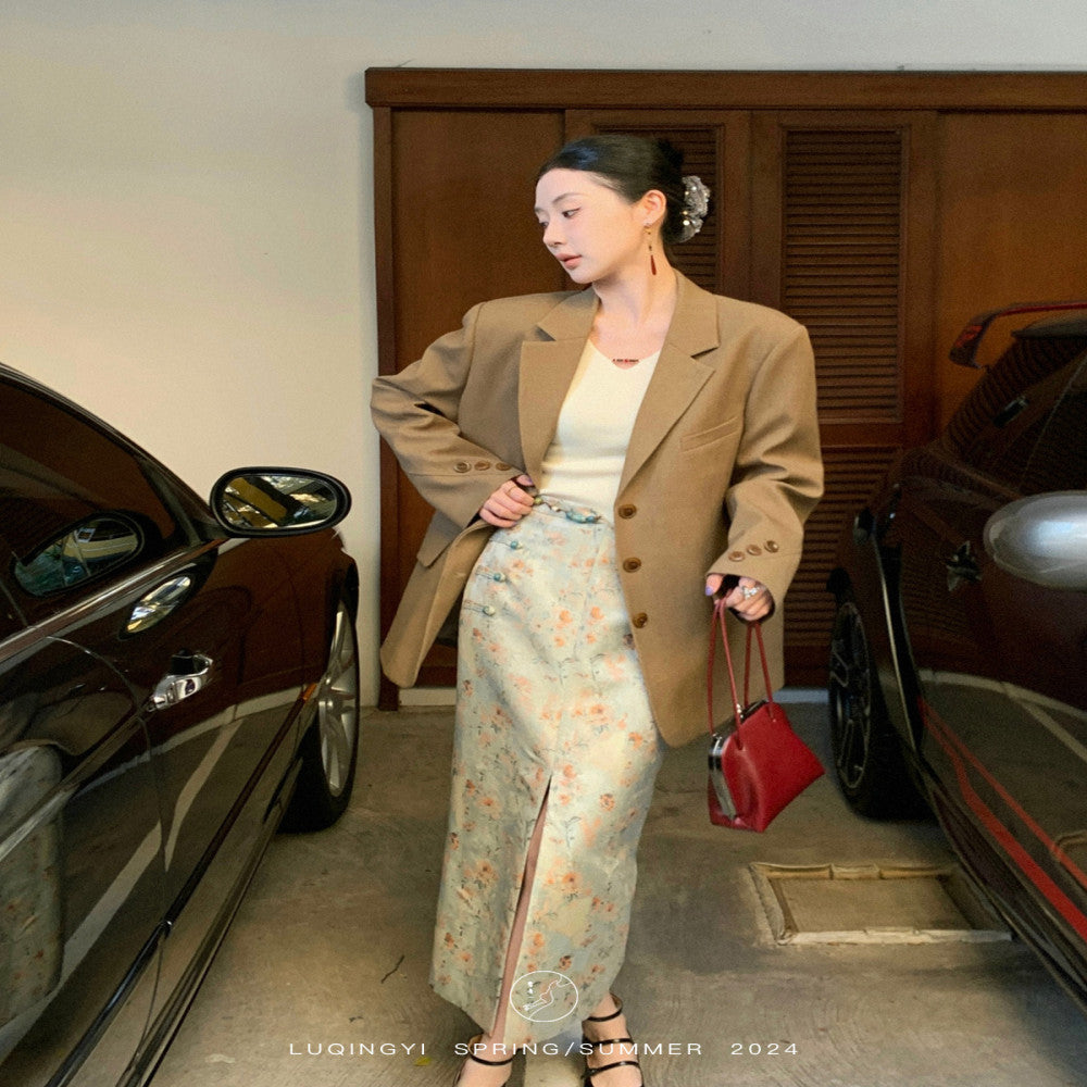 Lu Qingyi Original Flower Full Creek New Chinese Jacquard Half length Skirt for Women in Spring and Autumn Handmade Beaded Split Straight Tube Skirt image 2