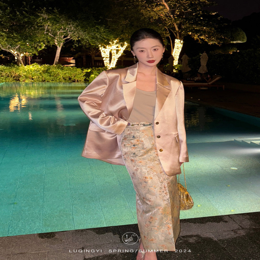 Lu Qingyi Original Flower Full Creek New Chinese Jacquard Half length Skirt for Women in Spring and Autumn Handmade Beaded Split Straight Tube Skirt image 3