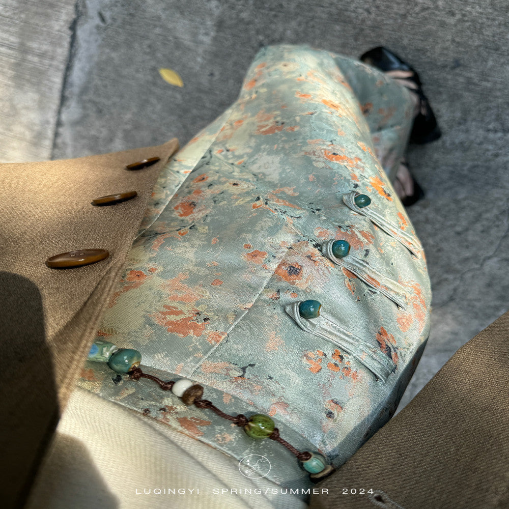 Lu Qingyi Original Flower Full Creek New Chinese Jacquard Half length Skirt for Women in Spring and Autumn Handmade Beaded Split Straight Tube Skirt image 5