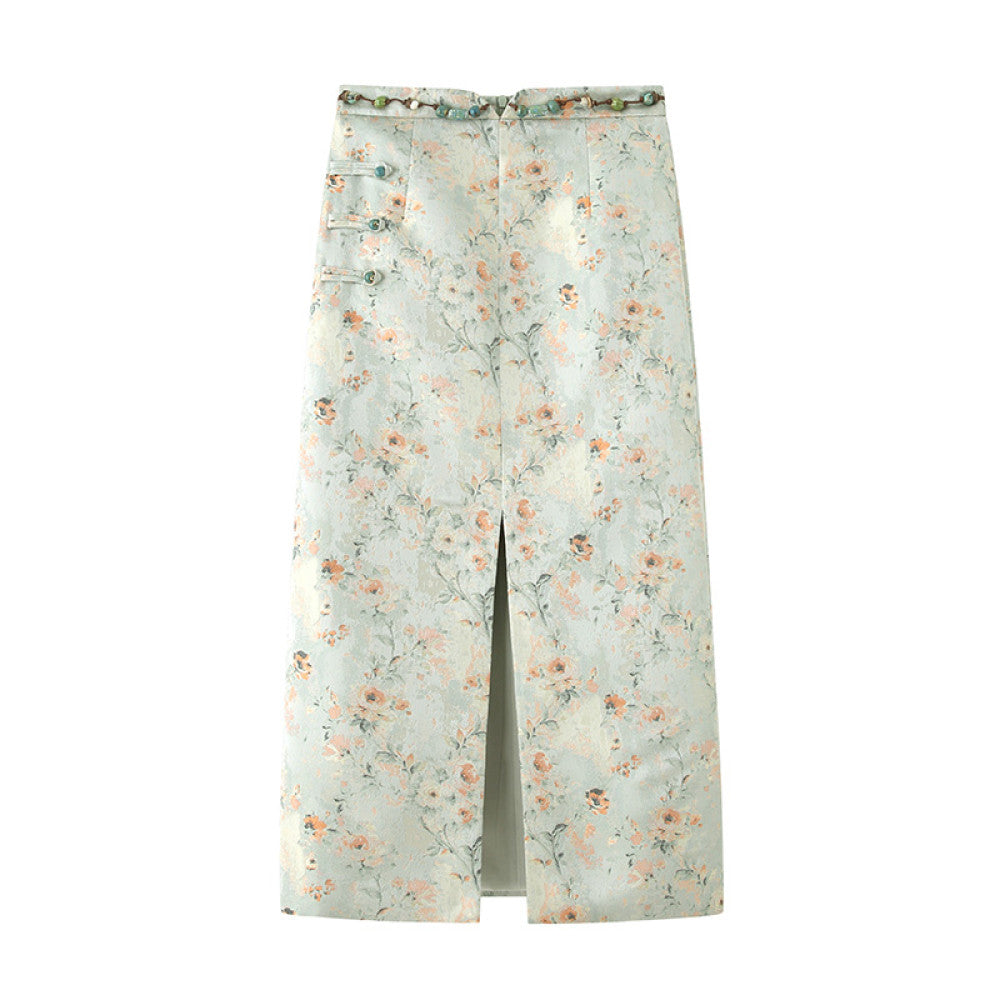 Lu Qingyi Original Flower Full Creek New Chinese Jacquard Half length Skirt for Women in Spring and Autumn Handmade Beaded Split Straight Tube Skirt image 9