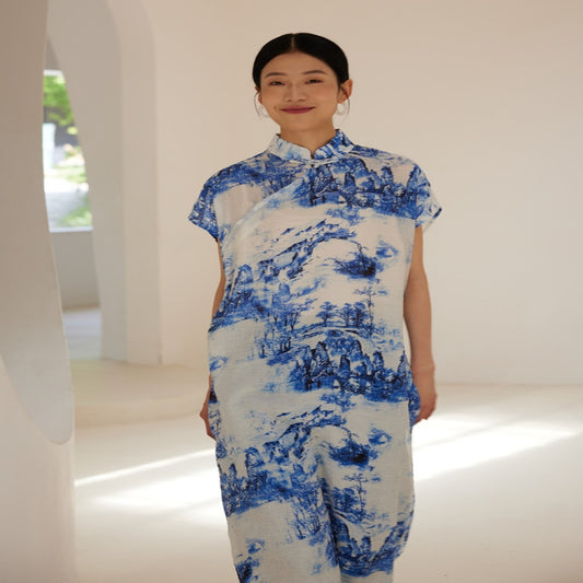 ASAYA3074 Summer retro national style young ink painting dress Zen tea dress