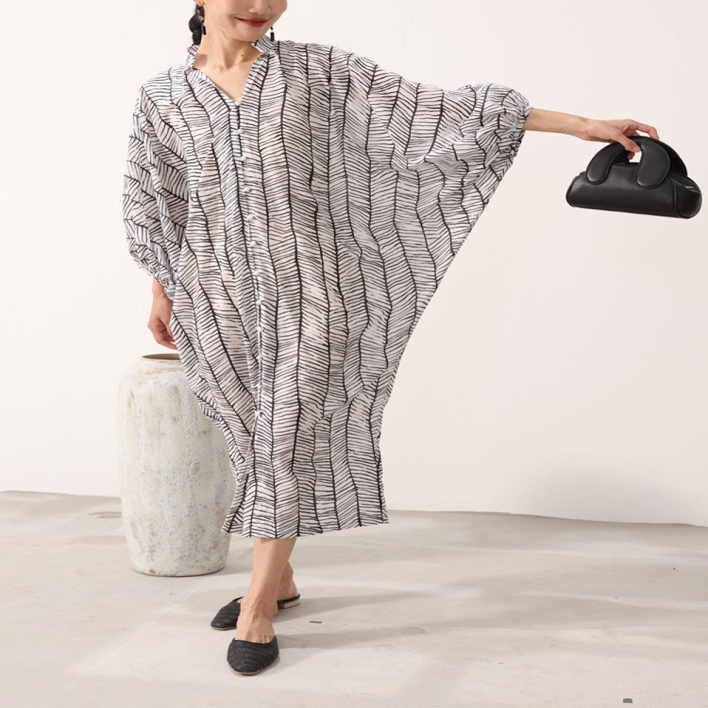 TAORAN Improved Young Dress with Multiple Buckles in the Middle Printed Long Dress Artistic Style Loose Robe Zen Style image 5