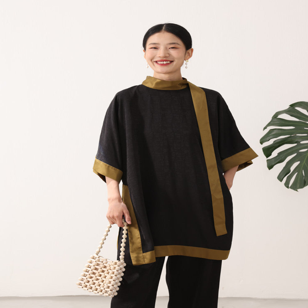 TAORAN New Chinese Improved Version Standing Collar Cheongsam Top for Women 2024 Tea Dress for Women Zen Art Chinese Style Set image 3