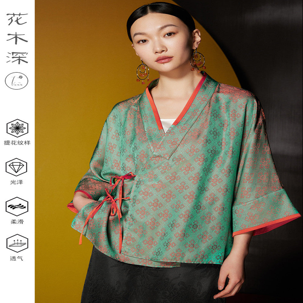 Huamu Shen new Chinese style buttoned jacket new cross collar oblique lapel cardigan improved short jacket national style lace jacquard top image 0