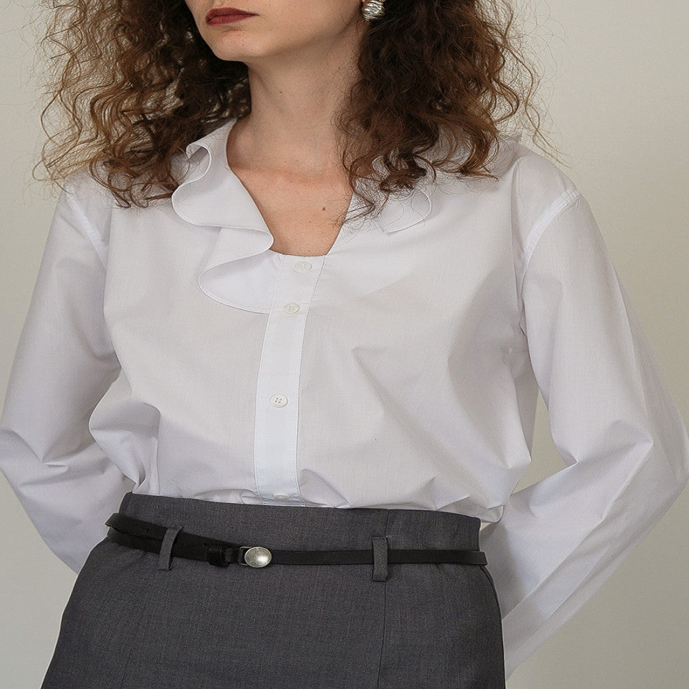 JILLA2024 Spring Summer New Versatile Style Asymmetric ruffle collar shirt Loose and simple pullover top image 5