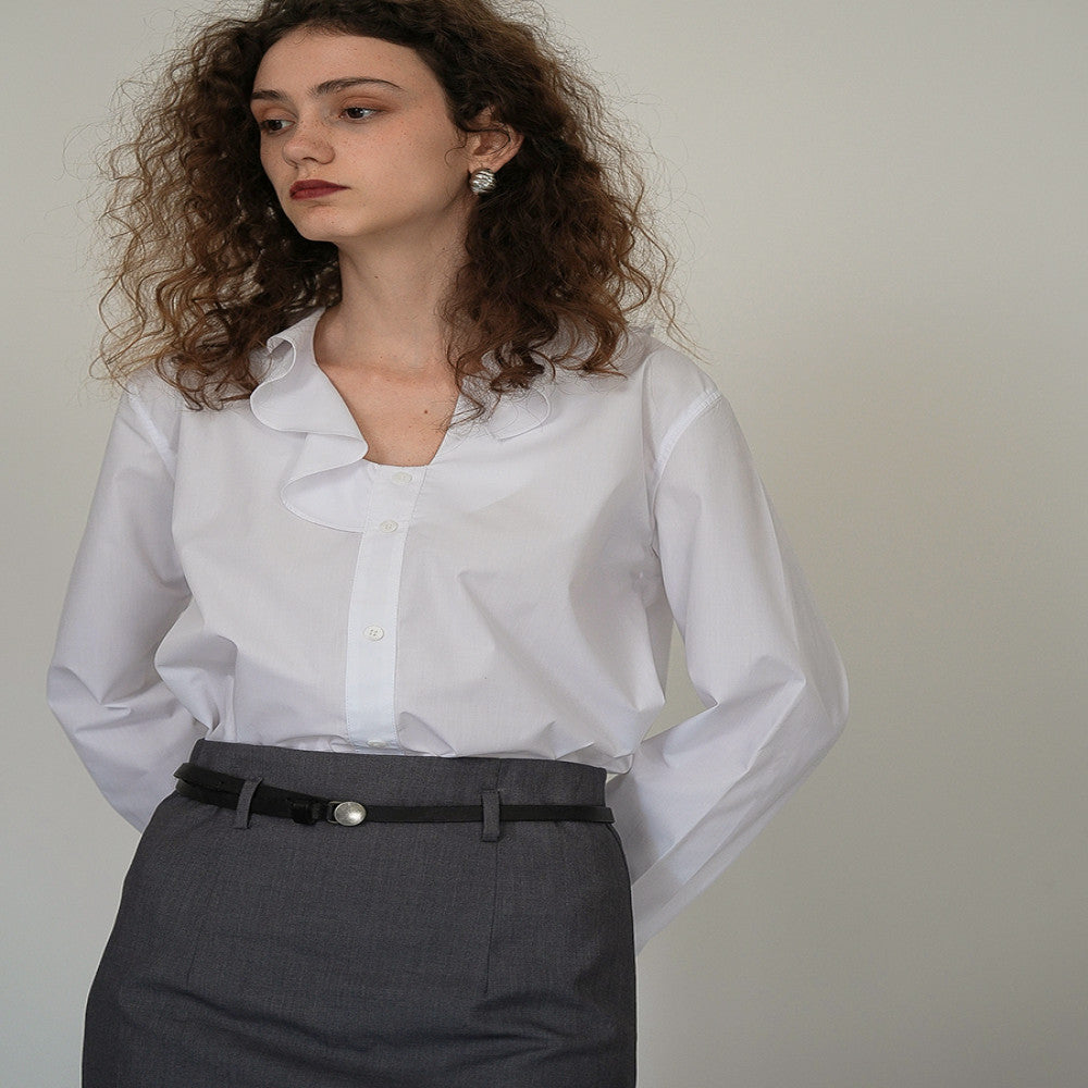 JILLA2024 Spring Summer New Versatile Style Asymmetric ruffle collar shirt Loose and simple pullover top image 6