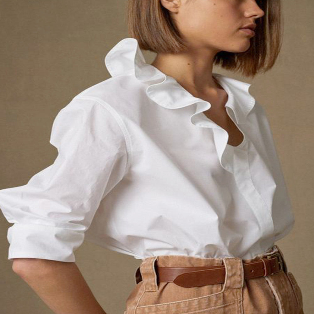 JILLA2024 Spring Summer New Versatile Style Asymmetric ruffle collar shirt Loose and simple pullover top image 3