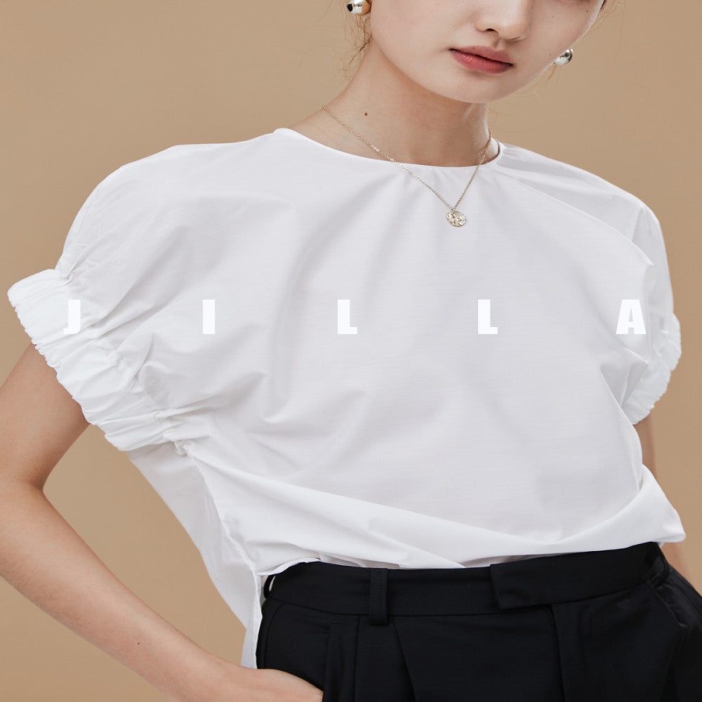 JILLA pullover with unique sleeves cotton shirt short sleeved top white wrinkle resistant shirt ins minimalist design women s hooded shirt image 1