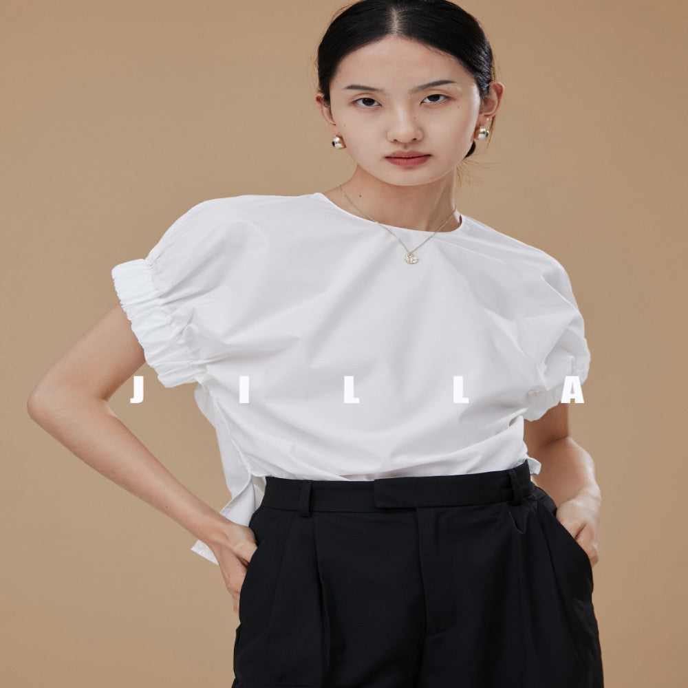 JILLA pullover with unique sleeves cotton shirt short sleeved top white wrinkle resistant shirt ins minimalist design women s hooded shirt image 2