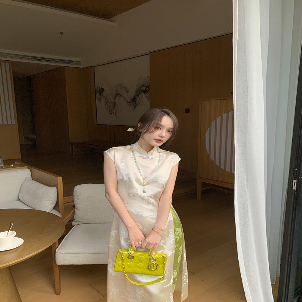 Beautiful woman with a cool and aloof temperament sister s Chinese style dressing set cheongsam dress Chinese style jacquard straight leg pants image 4