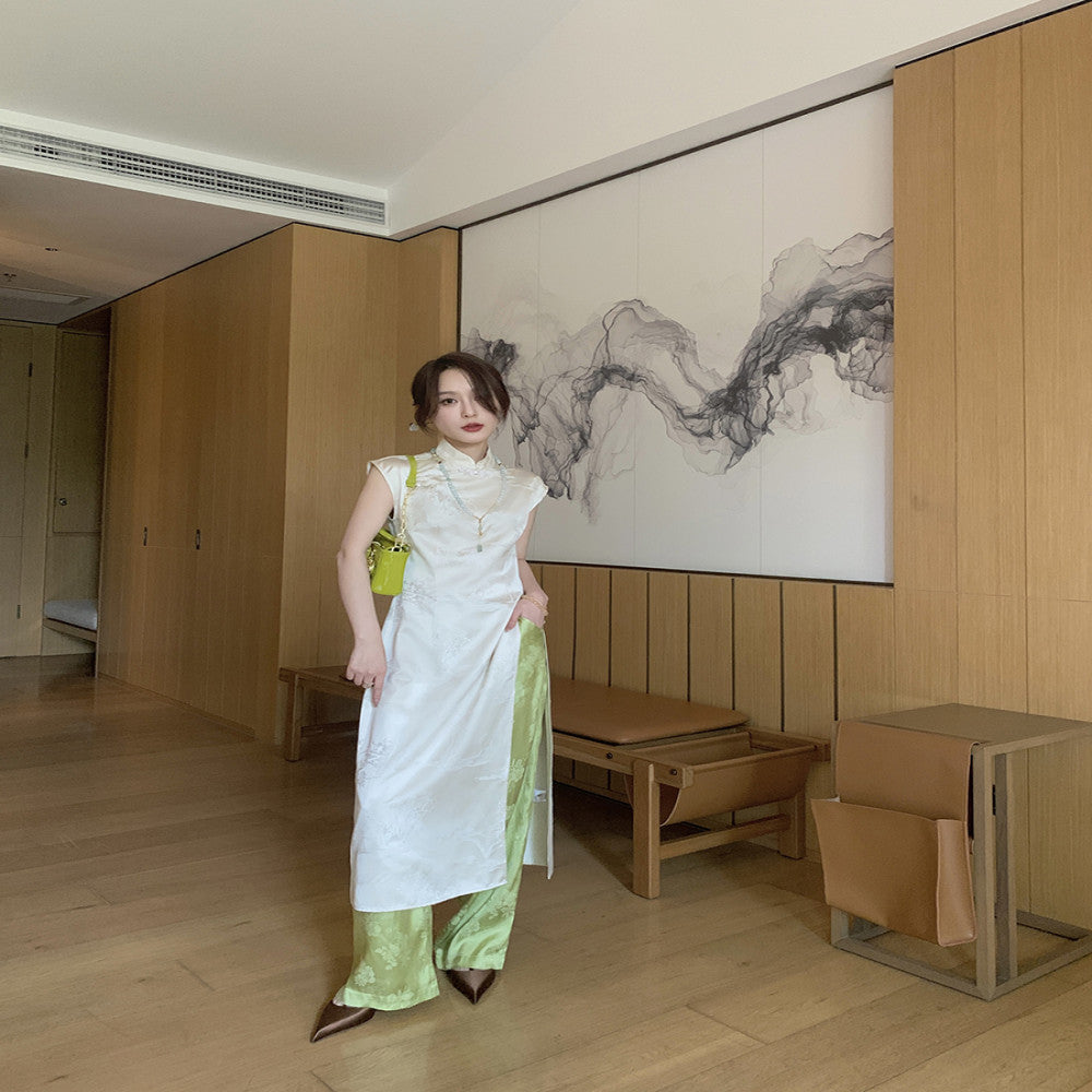 Beautiful woman with a cool and aloof temperament sister s Chinese style dressing set cheongsam dress Chinese style jacquard straight leg pants image 0