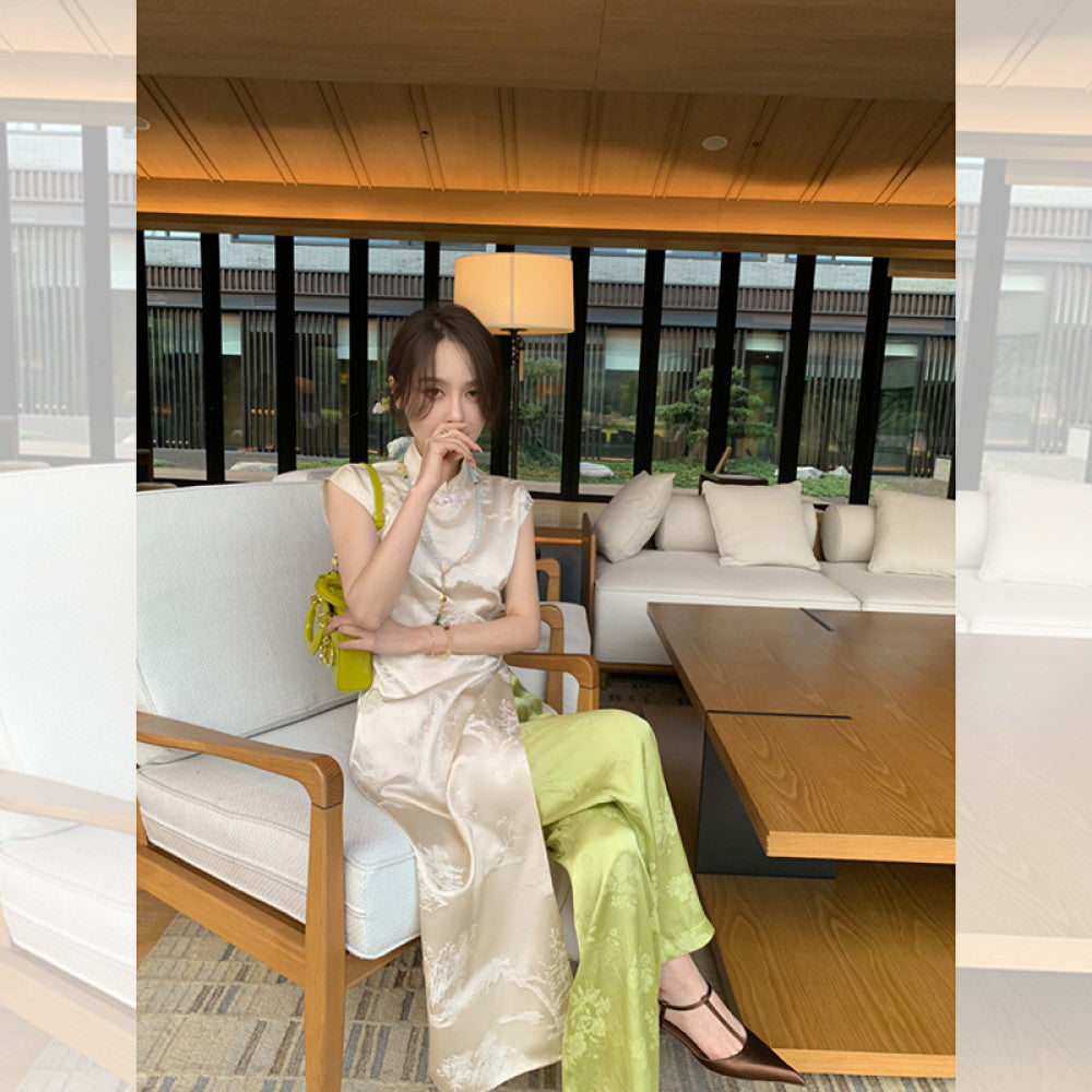 Beautiful woman with a cool and aloof temperament sister s Chinese style dressing set cheongsam dress Chinese style jacquard straight leg pants image 11