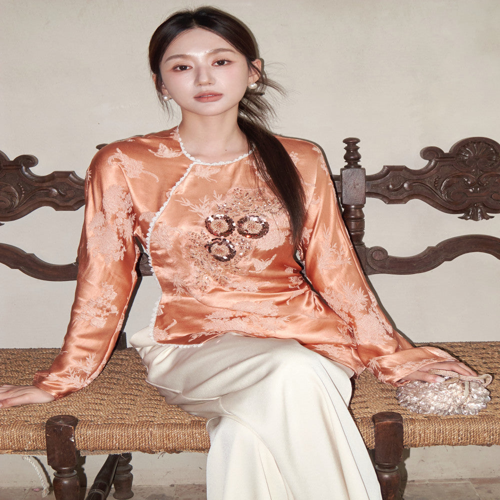 Camelux silk new Chinese style top with heavy embroidery beaded silk small silk shirt women s Chinese style shirt image 2