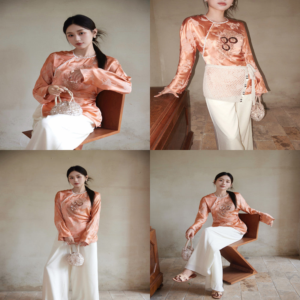 Camelux silk new Chinese style top with heavy embroidery beaded silk small silk shirt women s Chinese style shirt image 3