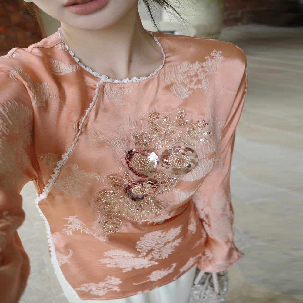 Camelux silk new Chinese style top with heavy embroidery beaded silk small silk shirt women s Chinese style shirt image 4