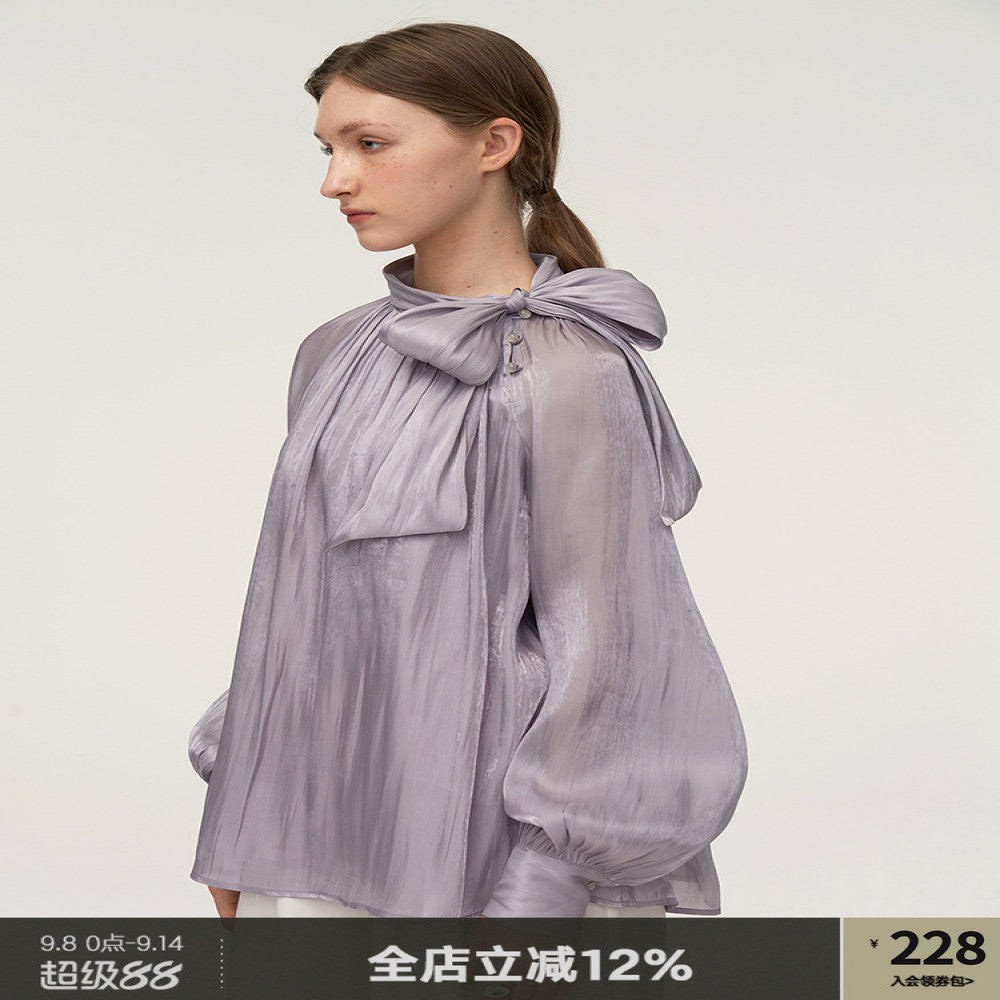 Someone Sometimes Original Tied and pleated loose shoulder long sleeved shirt for women independent designer style image 1