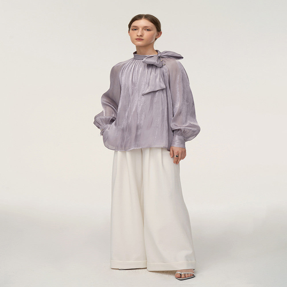 Someone Sometimes Original Tied and pleated loose shoulder long sleeved shirt for women independent designer style image 2