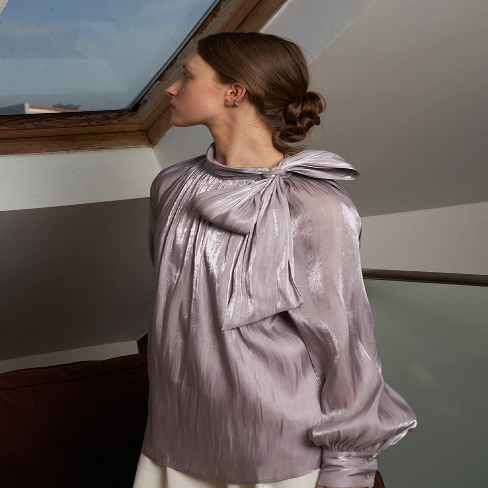 Someone Sometimes Original Tied and pleated loose shoulder long sleeved shirt for women independent designer style image 4