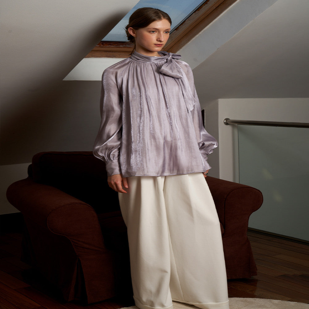 Someone Sometimes Original Tied and pleated loose shoulder long sleeved shirt for women independent designer style image 5