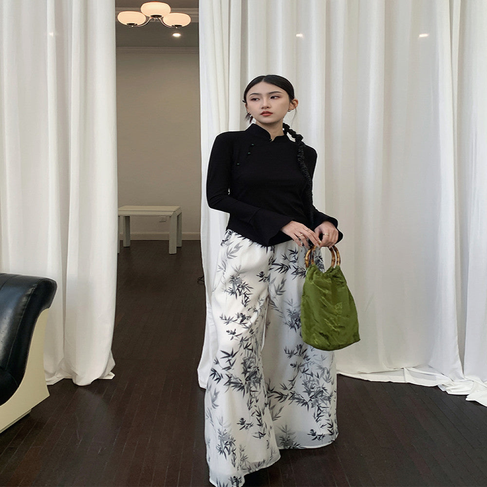 Jiexiang Manchun Qu 25 Spring New Chinese Ink Printed Wide Leg Pants for Women in Spring High Waist and Hanging Casual Pants image 0