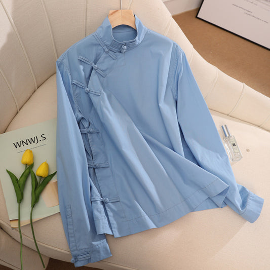 ASAYA3018 New Chinese style improved cheongsam button-down blue top