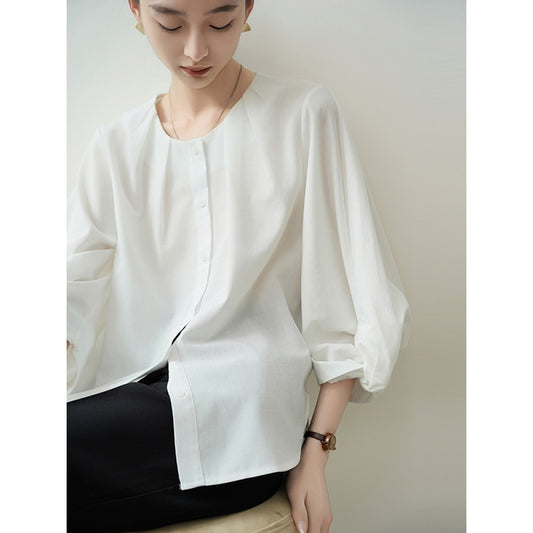 ASAYA3012 Lightweight and breathable retro round neck cotton and linen shirt