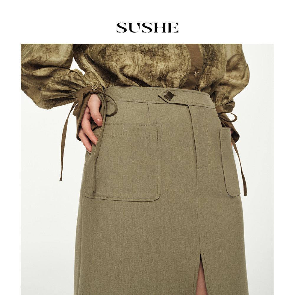 Outlet for sale SUSHE deconstructive new Chinese style standing cut double pleated patch bag with slit high waisted skirt for women image 2