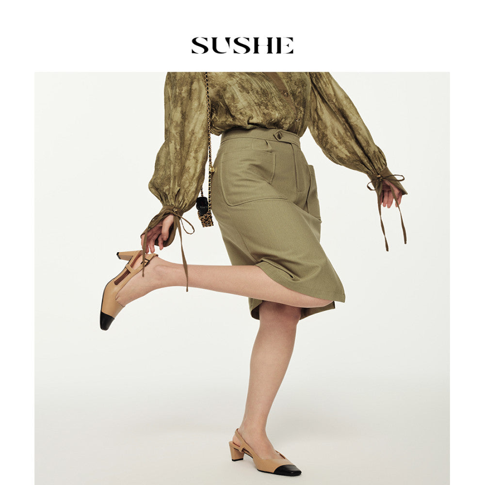 Outlet for sale SUSHE deconstructive new Chinese style standing cut double pleated patch bag with slit high waisted skirt for women image 3