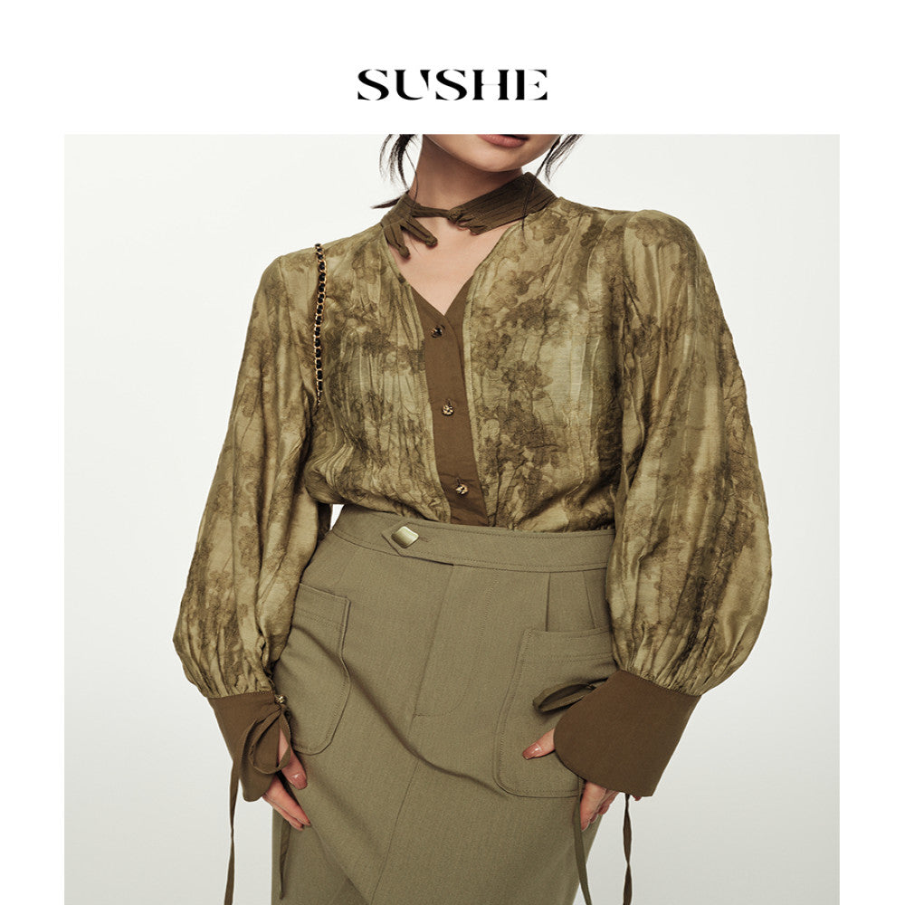 Outlet for sale SUSHE deconstructive new Chinese style standing cut double pleated patch bag with slit high waisted skirt for women image 4
