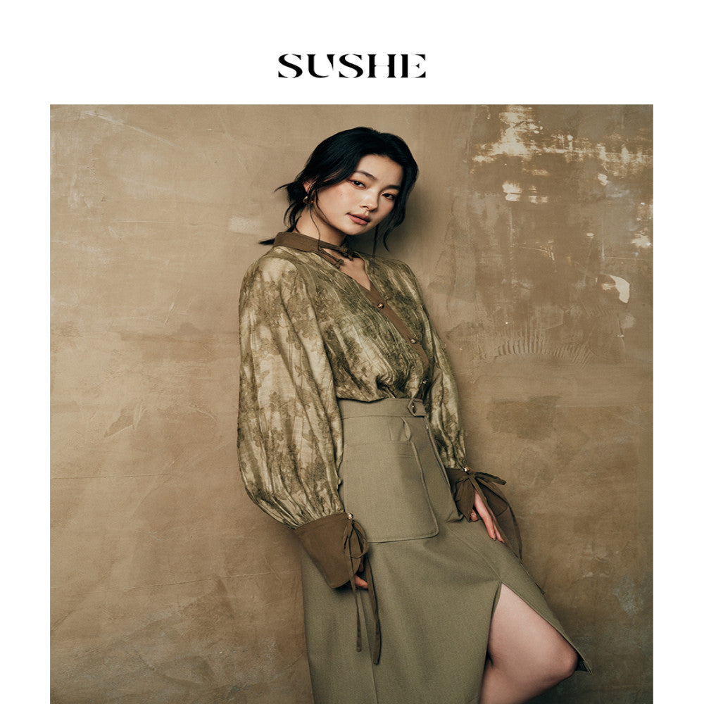 Outlet for sale SUSHE deconstructive new Chinese style standing cut double pleated patch bag with slit high waisted skirt for women image 5