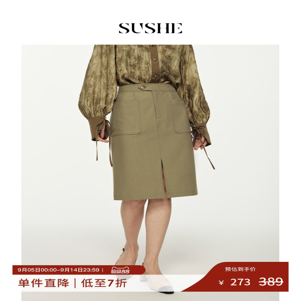 Outlet for sale SUSHE deconstructive new Chinese style standing cut double pleated patch bag with slit high waisted skirt for women image 0
