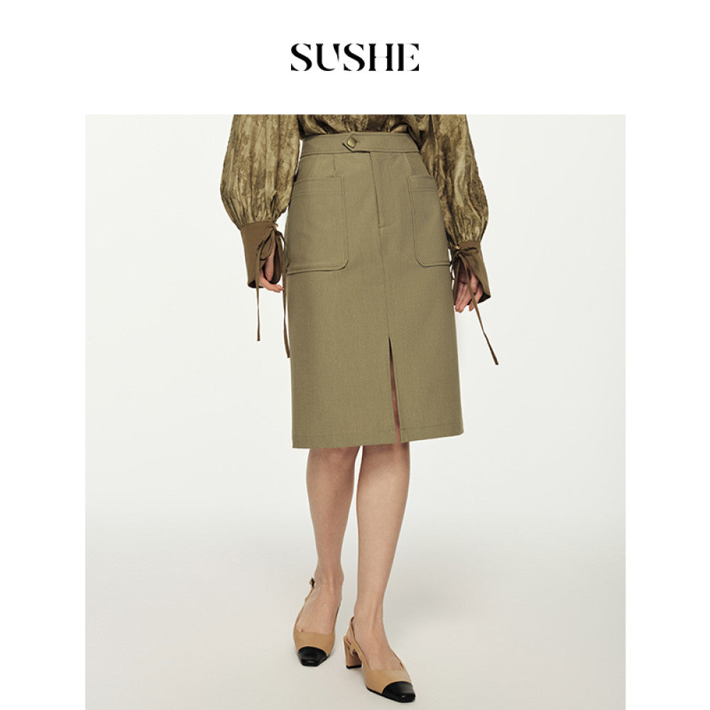 ASAYA2999 New Chinese style vertical cut double pleated patch pocket slit high waist skirt