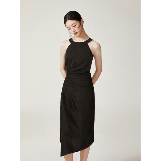 ASAYA2987 Simple design pleated waist slimming halterneck sleeveless dress