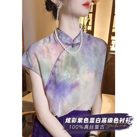 ASAYA2976 New Chinese style is top-notch silk mulberry silk retro light national style button purple top