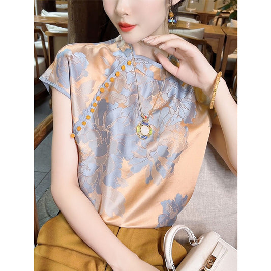 ASAYA2975 Camellia jacquard new Chinese style women’s clothing light short-sleeved top * JACKET ONLY , NO SKIRT (SILK MATERIAL)