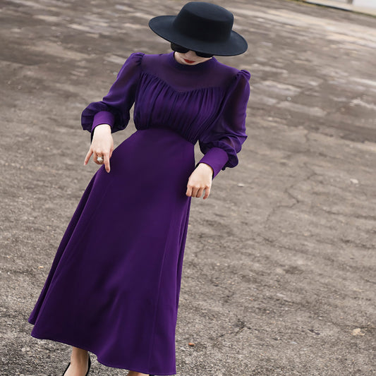 ASAYA2973 Elegant stand-up collar strapped long-sleeved waist solid color dress