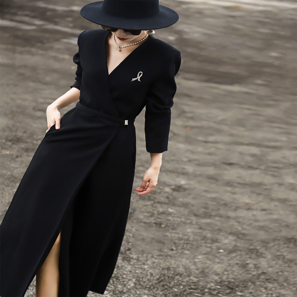 Lanser 2025 Autumn New Style High End Temperament Commuter Look Thin V neck Acetate Black Suit Dress for Women image 3
